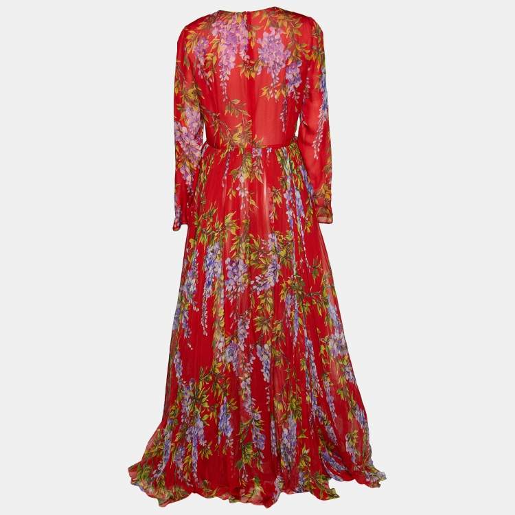 Pre Owned Dolce & Gabbana Red Floral Printed Silk Long Sleeve Maxi Dress L