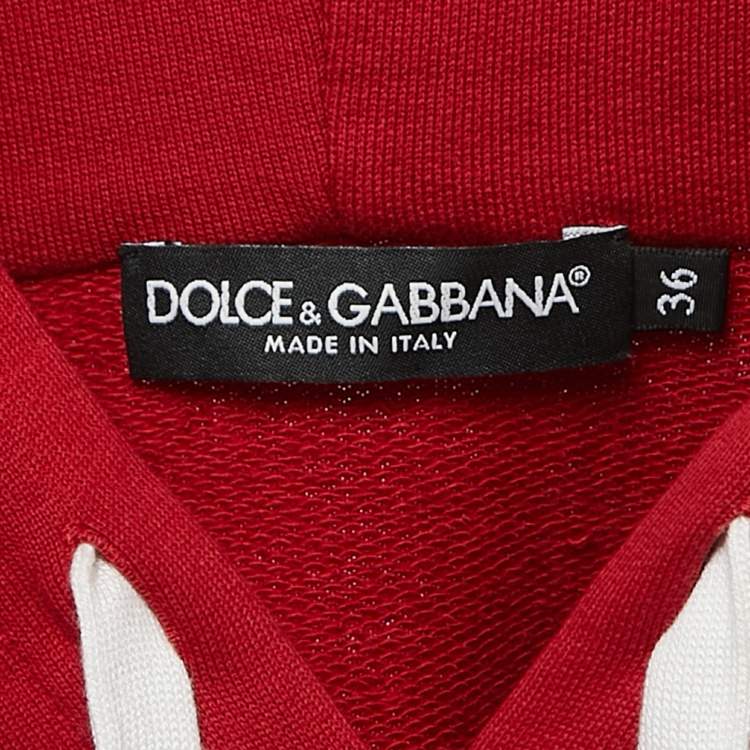 Pre Owned Dolce & Gabbana Red Logo Printed Cotton Knit Hooded Sweatshirt XS