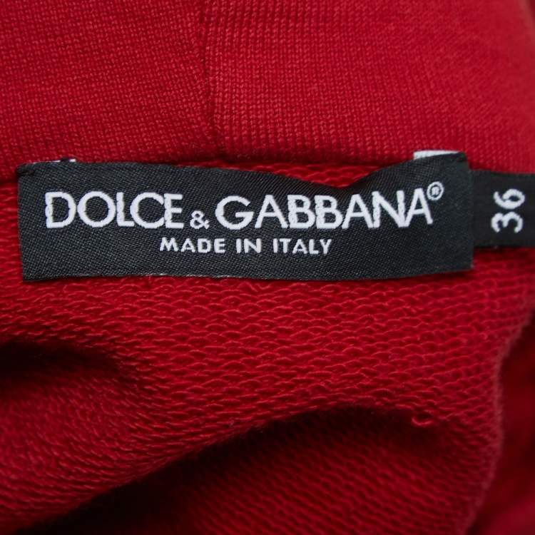 Pre Owned Dolce & Gabbana Red Logo Printed Cotton Knit Hooded Sweatshirt XS