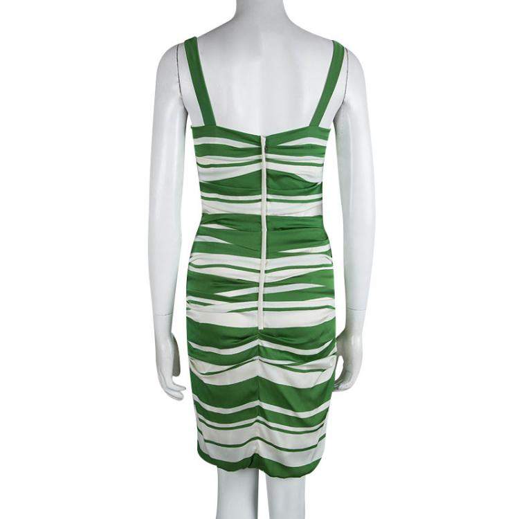 Pre Owned Dolce & Gabbana Green and White Striped Silk Ruched Sleeveless Dress M