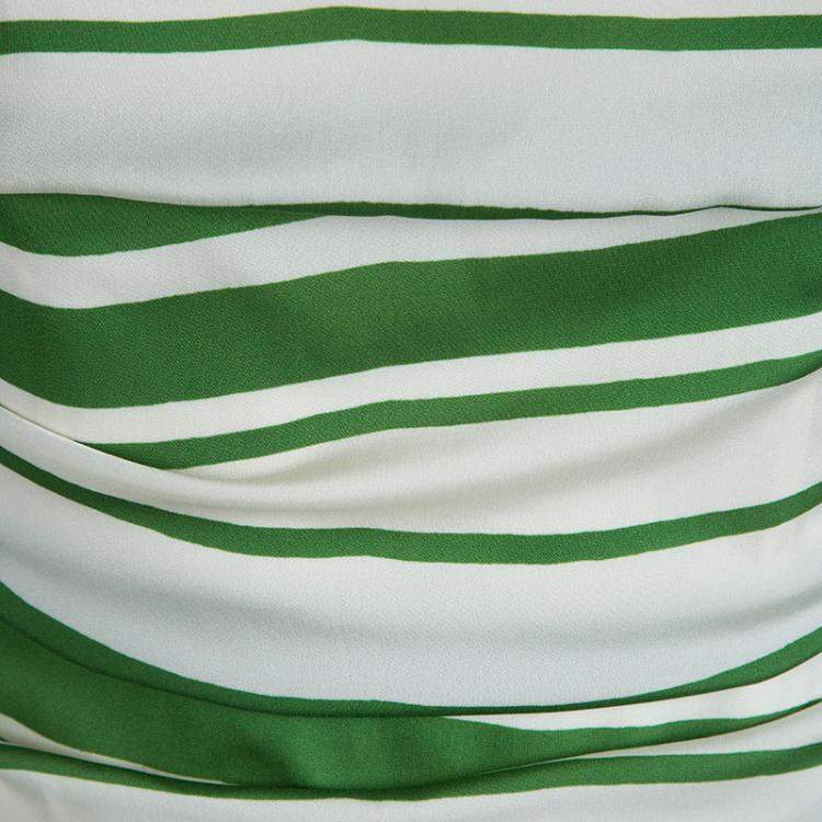 Pre Owned Dolce & Gabbana Green and White Striped Silk Ruched Sleeveless Dress M