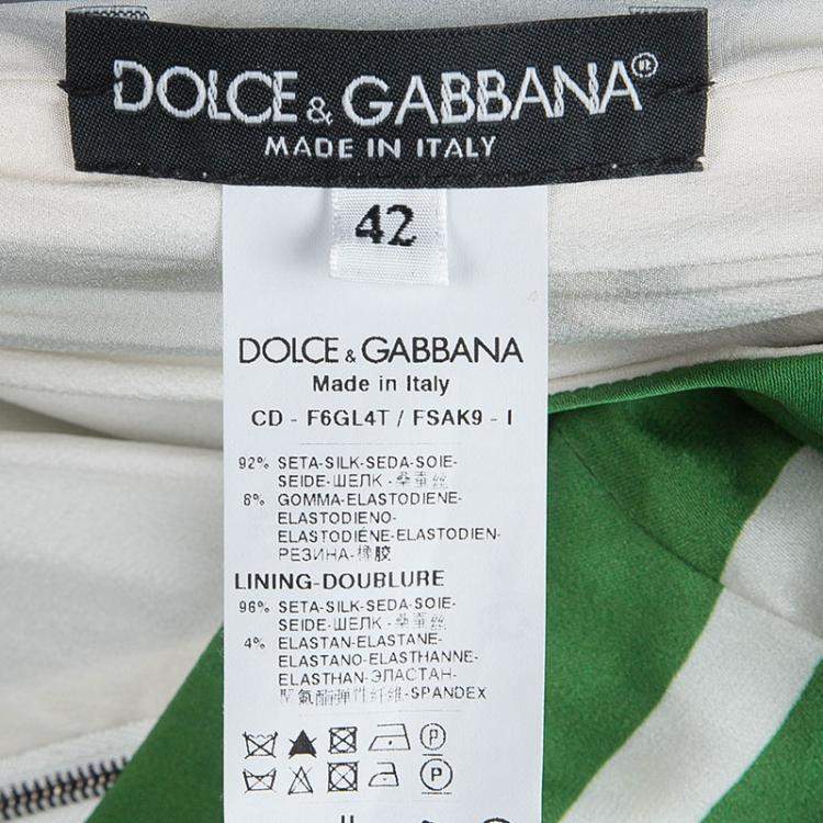 Pre Owned Dolce & Gabbana Green and White Striped Silk Ruched Sleeveless Dress M