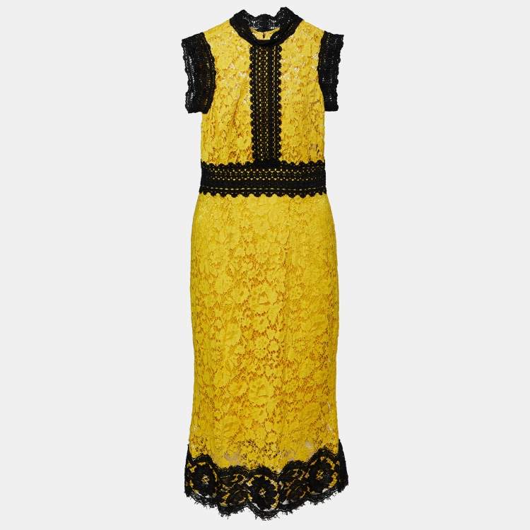 Pre Owned Dolce & Gabbana Yellow Lace Contrast Detail Midi Dress S