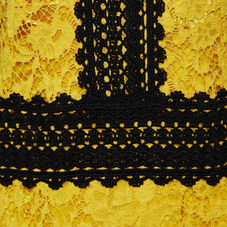 Pre Owned Dolce & Gabbana Yellow Lace Contrast Detail Midi Dress S