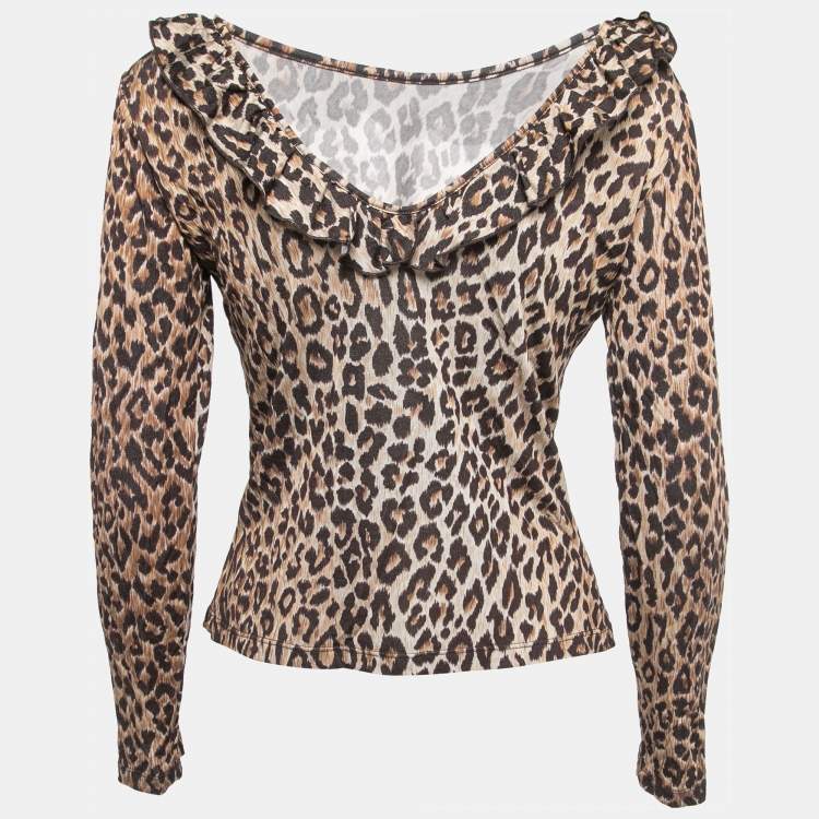 Pre Owned Dolce & Gabbana Brown Animal Print Jersey Ruffled Neck Full Sleeve Top L