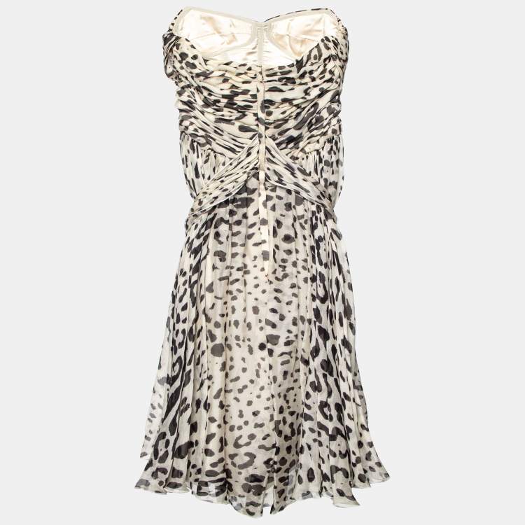 Pre Owned Dolce & Gabbana White Animal Printed Silk Strapless Mini Dress S