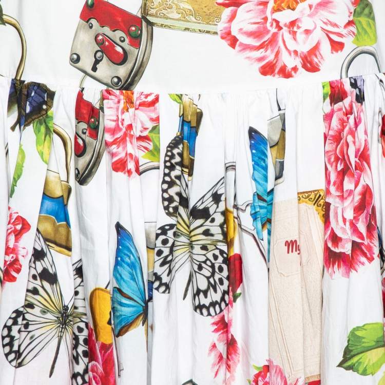 مملوكة مسبقًا Dolce & Gabbana White Floral Printed Cotton Pleated Midi Skirt M