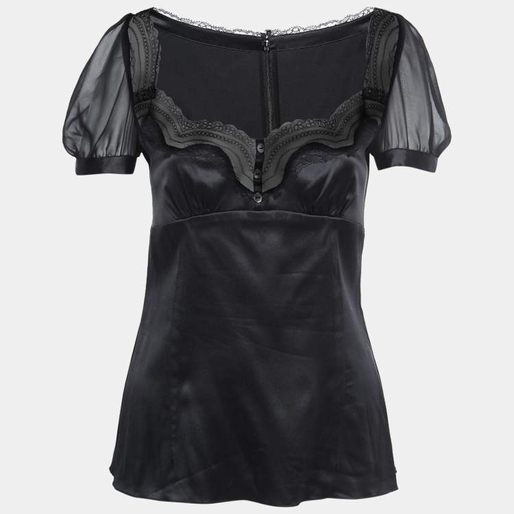 مملوكة مسبقًا Dolce & Gabbana Black Satin Lace Trimmed Puff Sleeve Blouse M