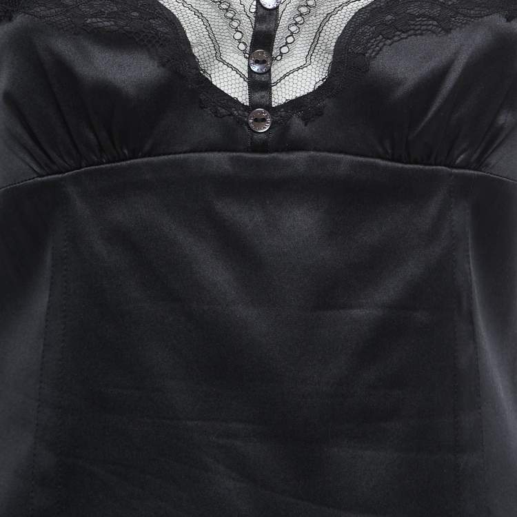 مملوكة مسبقًا Dolce & Gabbana Black Satin Lace Trimmed Puff Sleeve Blouse M