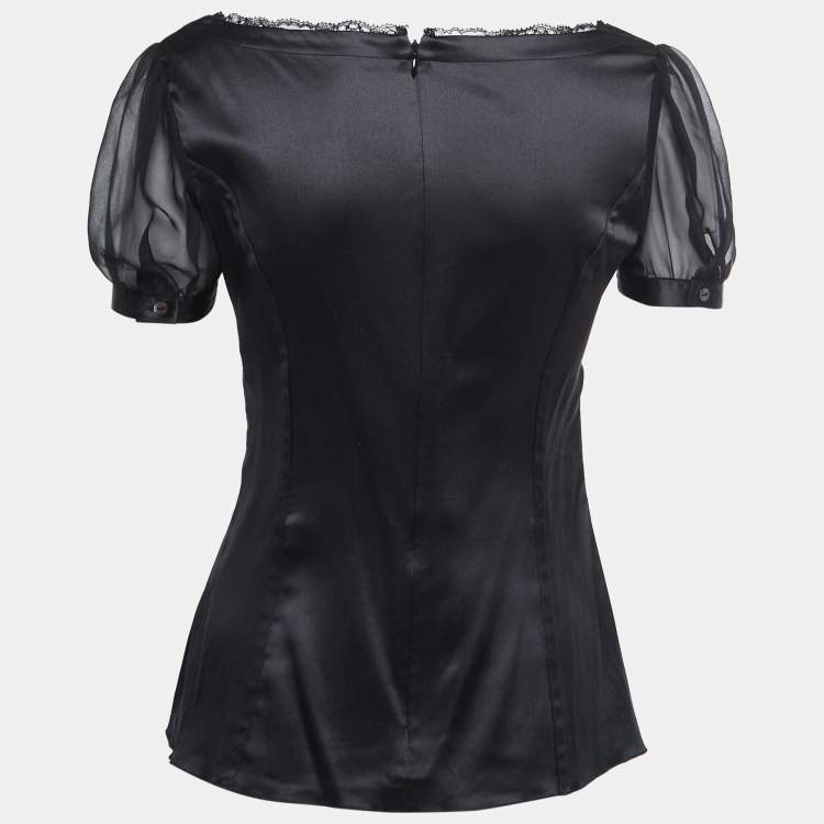 مملوكة مسبقًا Dolce & Gabbana Black Satin Lace Trimmed Puff Sleeve Blouse M