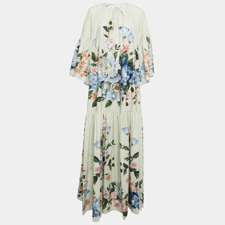 Pre Owned Dolce & Gabbana Pastel Green Floral Print Cotton Gathered Maxi Dress M