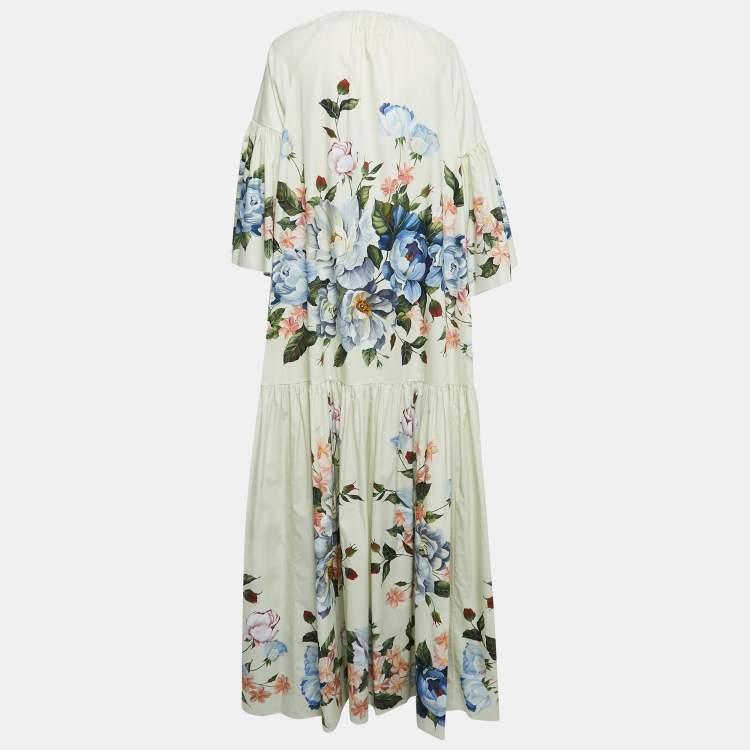 Pre Owned Dolce & Gabbana Pastel Green Floral Print Cotton Gathered Maxi Dress M