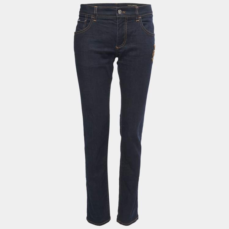 Pre Owned Dolce & Gabbana Dark Blue Embroidered Denim Skinny Jeans L Waist 32"