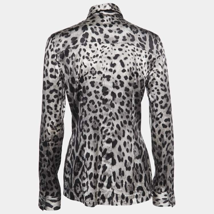 Pre Owned Dolce & Gabbana Grey/Black Animal Print Silk Satin Button Front Full Sleeve Shirt S