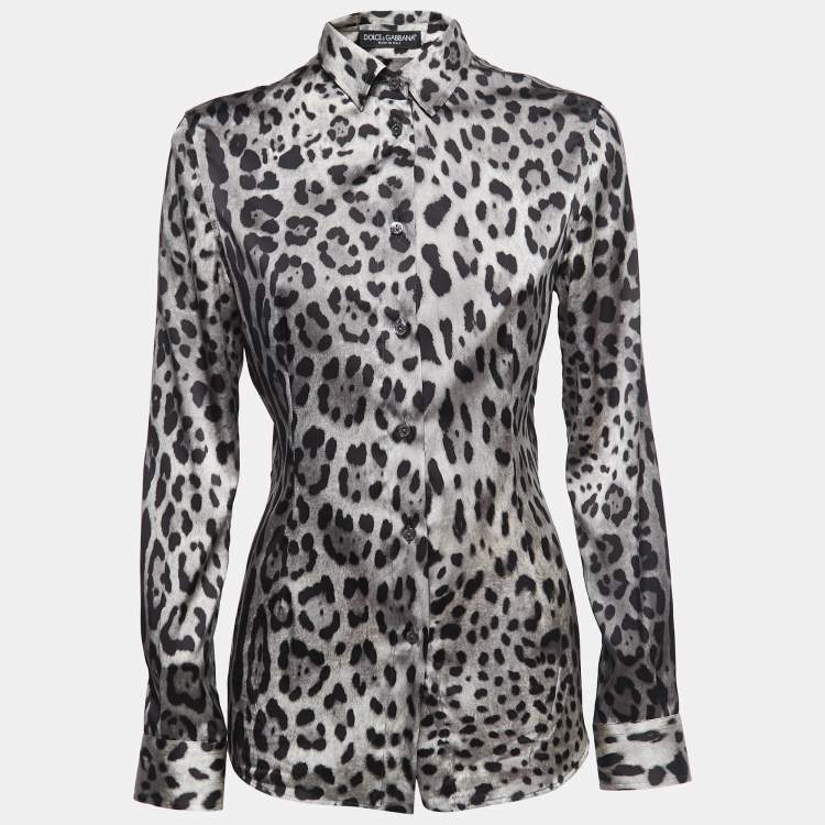 Pre Owned Dolce & Gabbana Grey/Black Animal Print Silk Satin Button Front Full Sleeve Shirt S