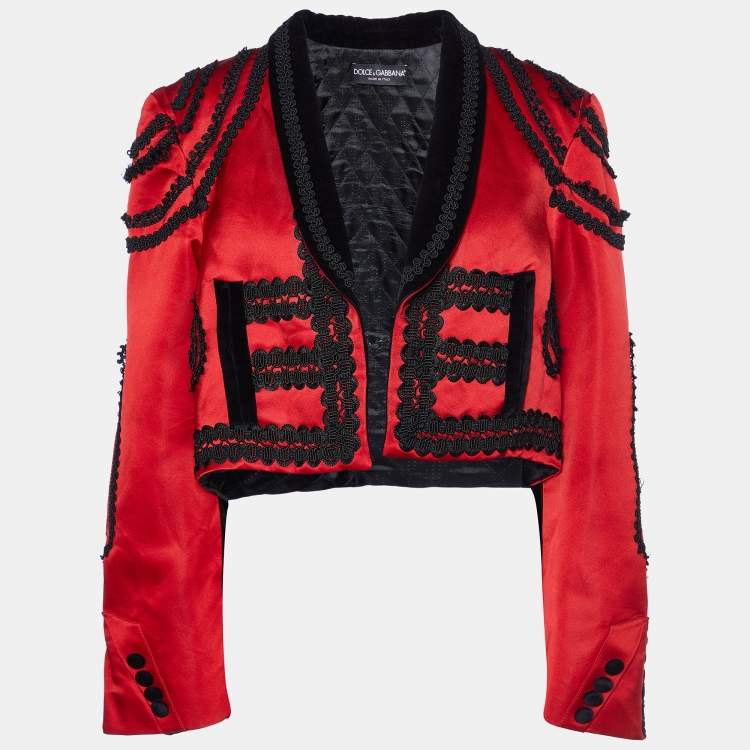 Pre Owned Dolce & Gabbana Red & Black Sateen & Velvet Crop Jacket M