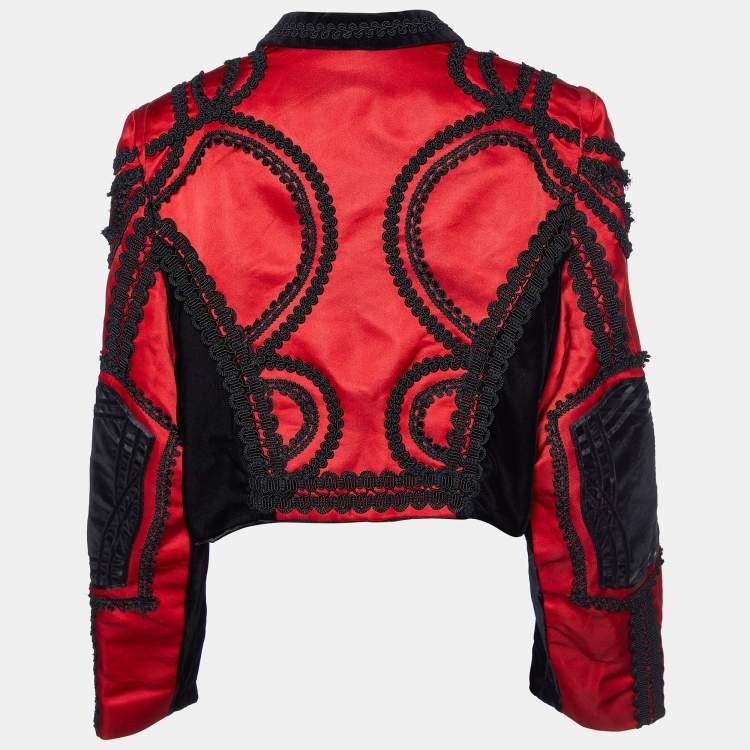 Pre Owned Dolce & Gabbana Red & Black Sateen & Velvet Crop Jacket M