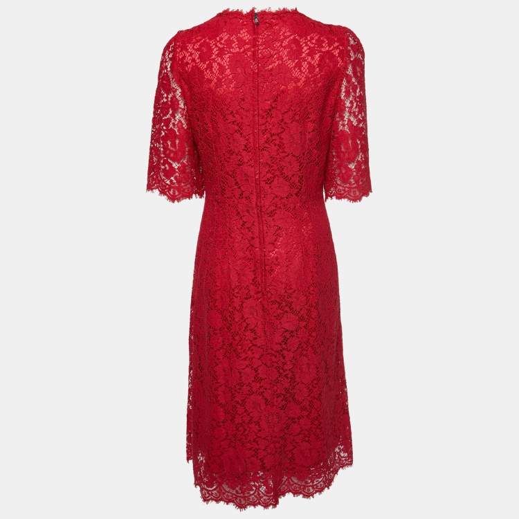 Pre Owned Dolce & Gabbana Red Lace Midi Dress M