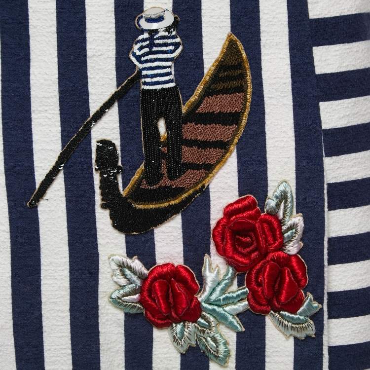 Pre Owned Dolce & Gabbana Navy Blue/White Striped Cotton Embroidered Mini Skirt S