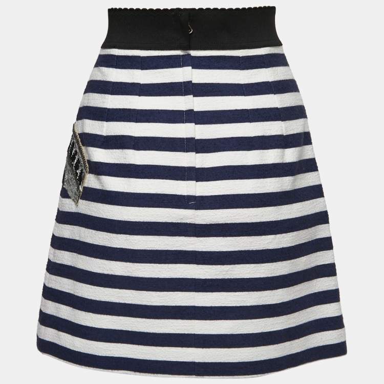 Pre Owned Dolce & Gabbana Navy Blue/White Striped Cotton Embroidered Mini Skirt S