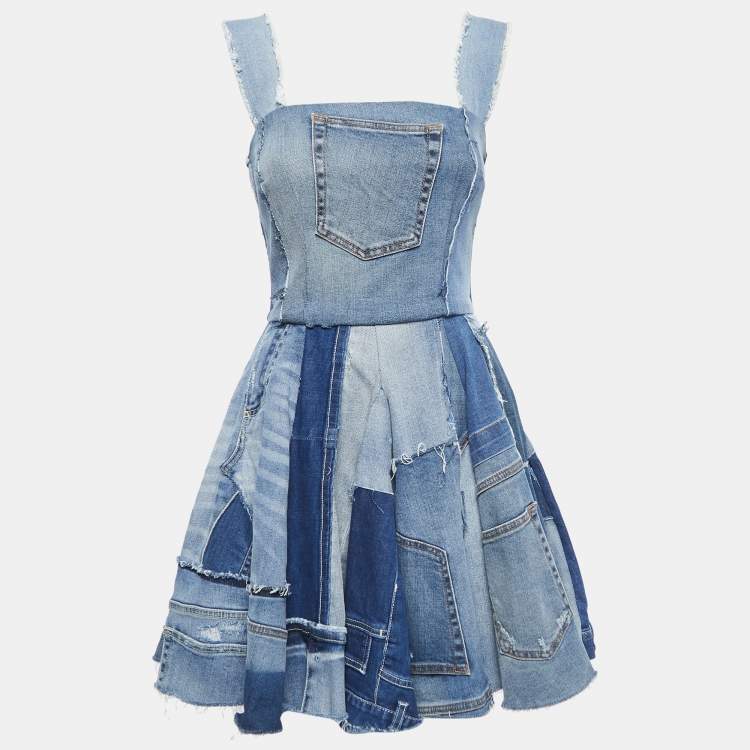 Pre Owned Dolce & Gabbana Blue Washed Denim Patch Detail Sleeveless Mini Dress S