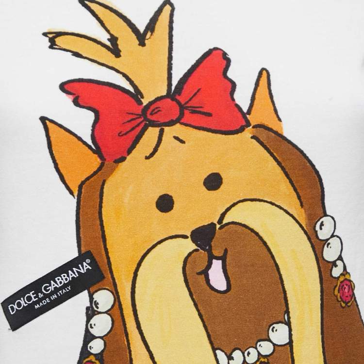Pre Owned Dolce & Gabbana Limited Edition White Dog Print Cotton Crew Neck Short Sleeve T-Shirt XS