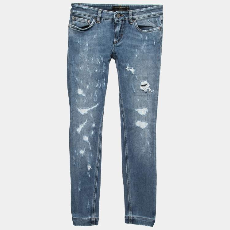 Pre Owned Dolce & Gabbana Blue Washed & Ripped Denim Pretty Jeans XS Waist 26