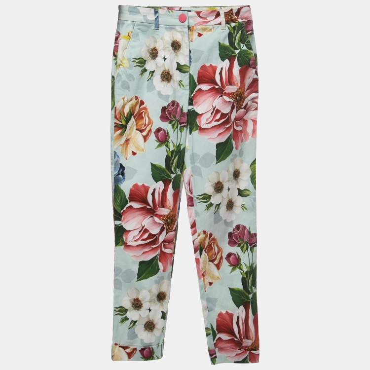 Pre Owned Dolce & Gabbana Blue Floral Print Cotton Trousers XS
