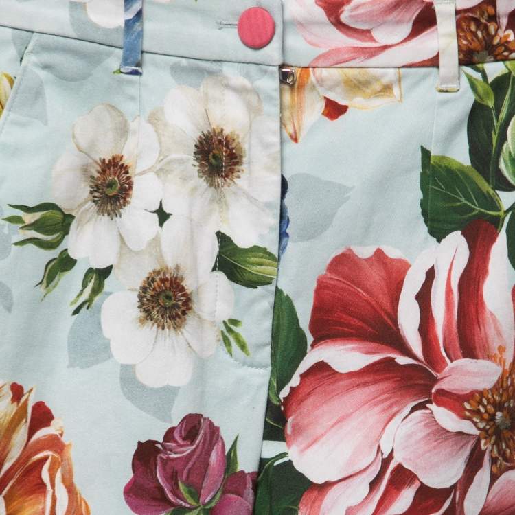Pre Owned Dolce & Gabbana Blue Floral Print Cotton Trousers XS