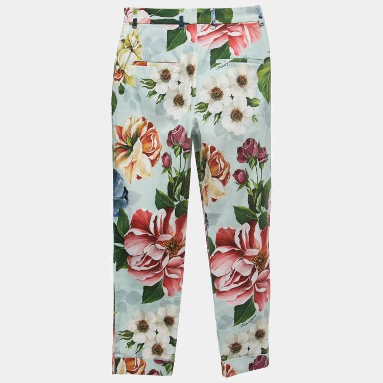 Pre Owned Dolce & Gabbana Blue Floral Print Cotton Trousers XS
