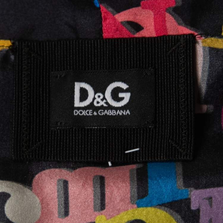 Pre Owned Dolce & Gabbana Multicolor Letters Printed Crepe Neck Tie Detail Blouse L