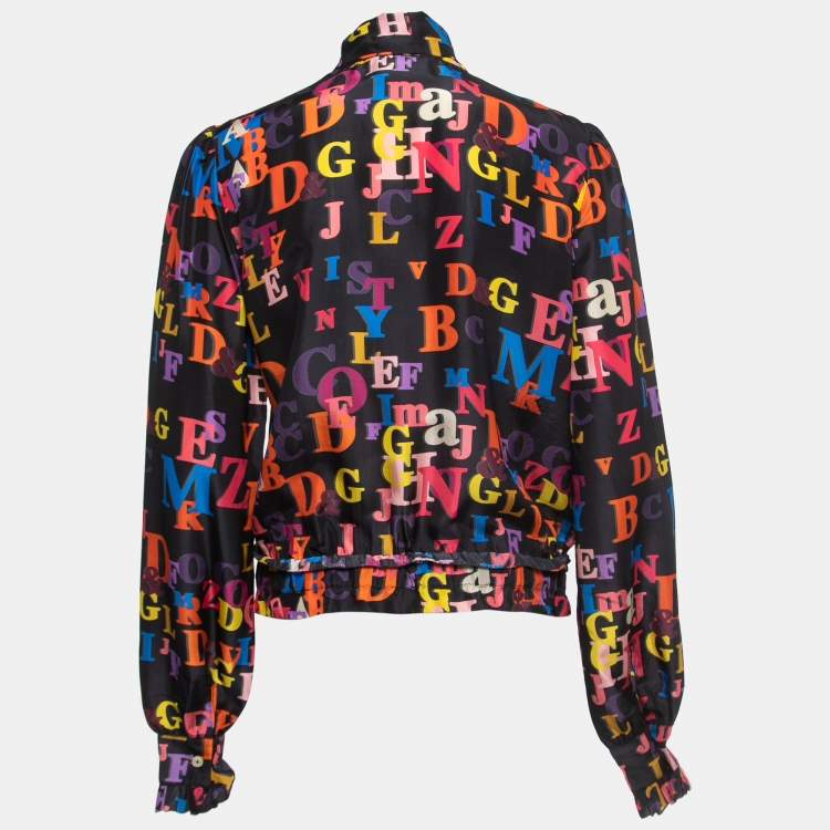 Pre Owned Dolce & Gabbana Multicolor Letters Printed Crepe Neck Tie Detail Blouse L
