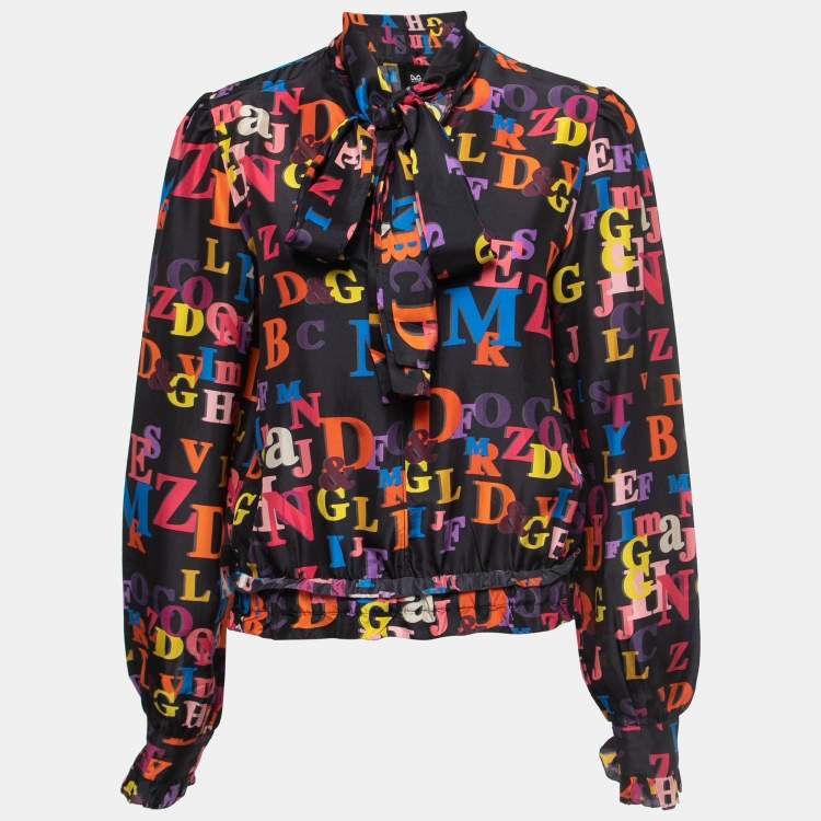 Pre Owned Dolce & Gabbana Multicolor Letters Printed Crepe Neck Tie Detail Blouse L