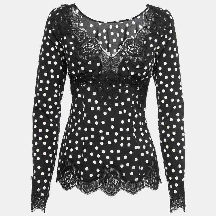 مملوكة مسبقًا Dolce & Gabbana Black Polka Dotted Silk Lace Trimmed Long Sleeve Blouse S 