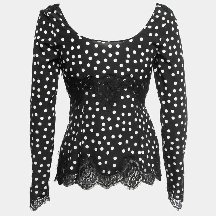 مملوكة مسبقًا Dolce & Gabbana Black Polka Dotted Silk Lace Trimmed Long Sleeve Blouse S 