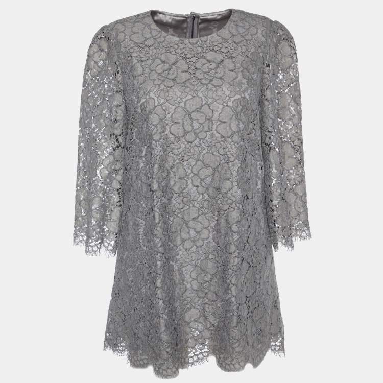 Pre Owned Dolce & Gabbana Grey Floral Corded Lace Three Quarter Sleeve Top M 