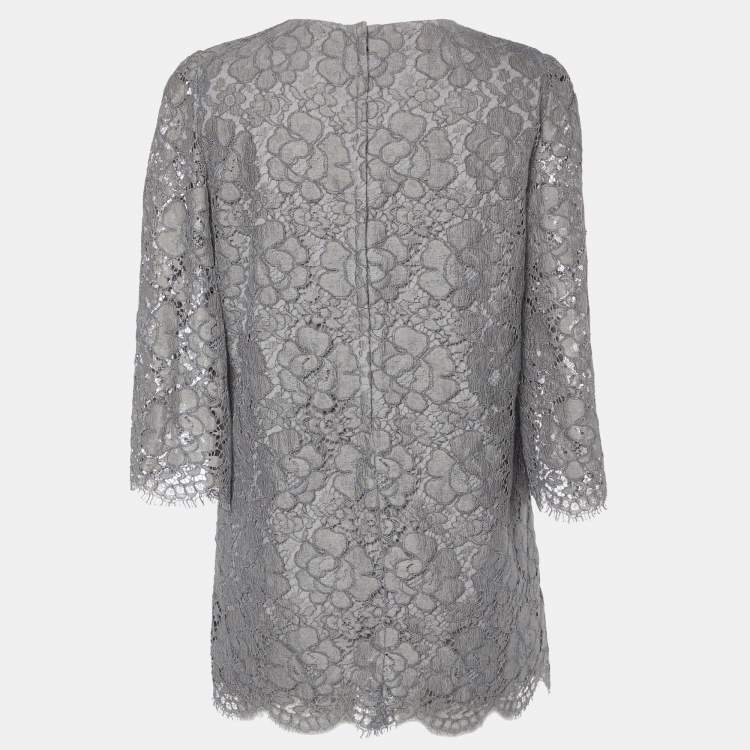 Pre Owned Dolce & Gabbana Grey Floral Corded Lace Three Quarter Sleeve Top M 