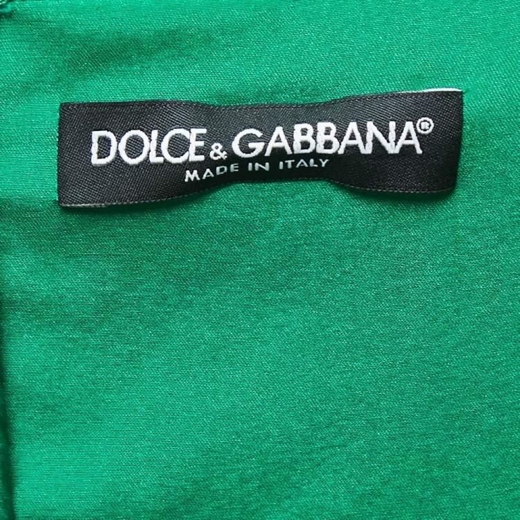 Pre Owned Dolce & Gabbana Green Cannoli Printed Silk Fluted Ruched Midi Dress M