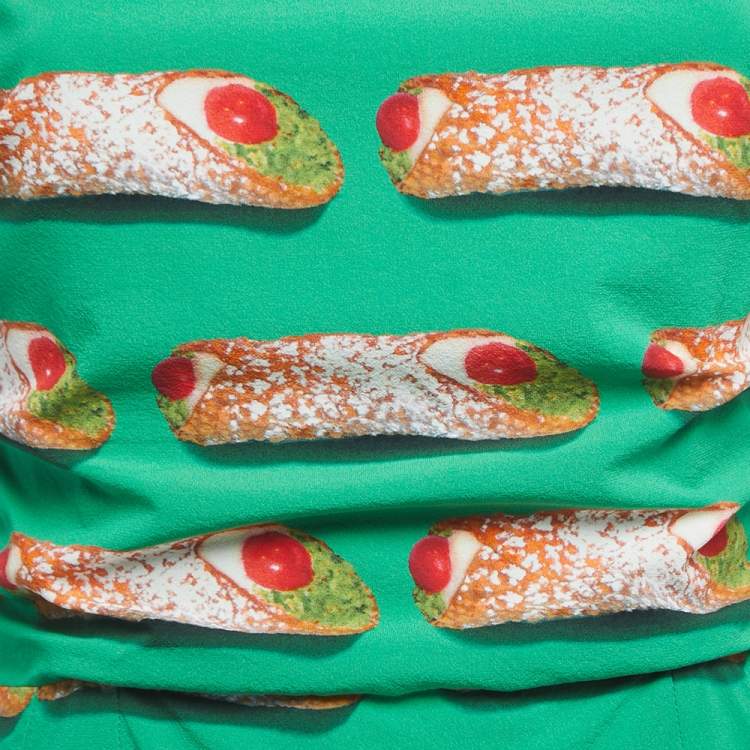 Pre Owned Dolce & Gabbana Green Cannoli Printed Silk Fluted Ruched Midi Dress M