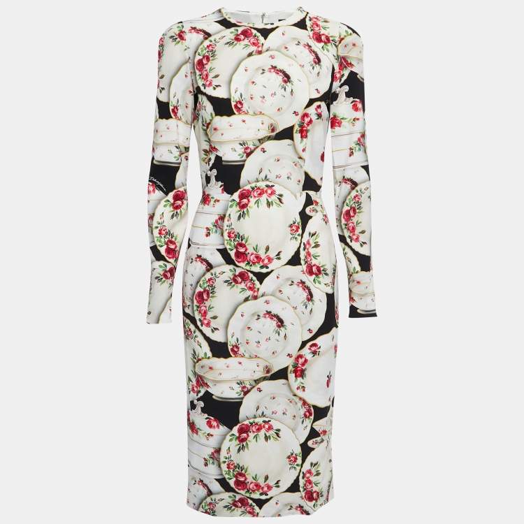 Pre Owned Dolce & Gabbana White China Plate Printed Crepe Sheath Midi Dress M