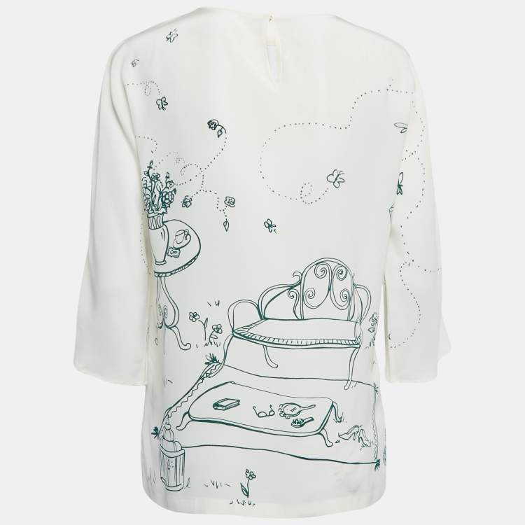 Pre Owned Dolce & Gabbana White Bird Cage Printed Silk Blouse S