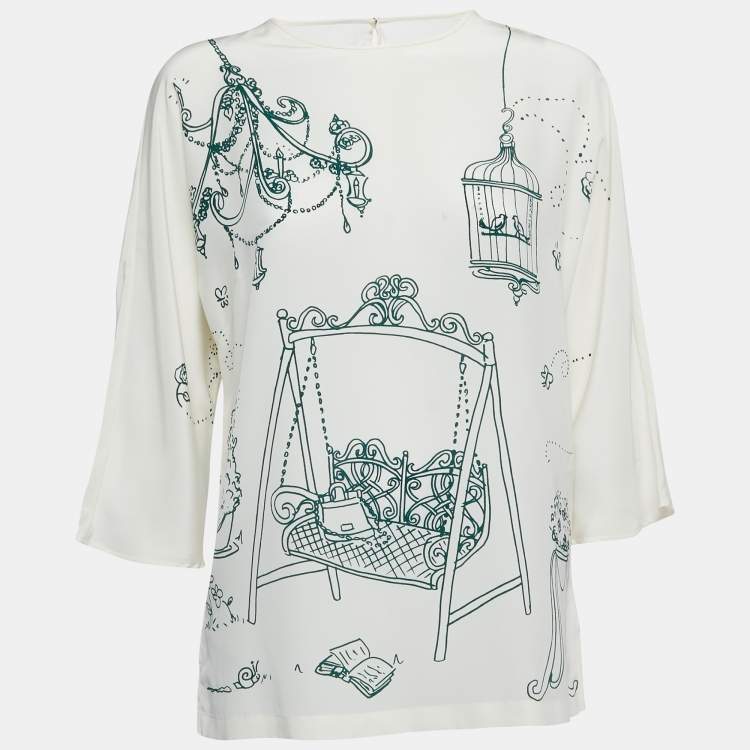 Pre Owned Dolce & Gabbana White Bird Cage Printed Silk Blouse S