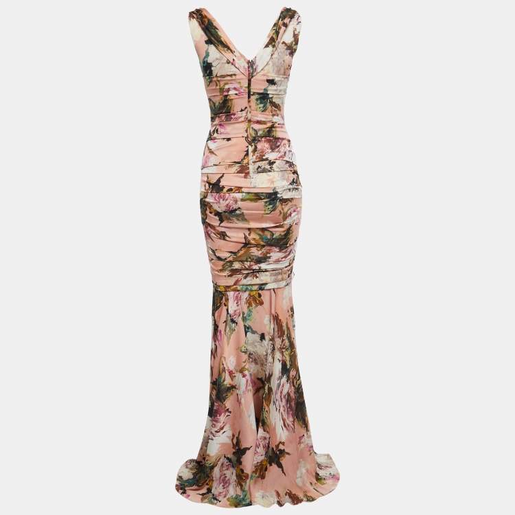 Pre Owned Dolce & Gabbana Pink Floral Printed Silk Ruched Maxi Dress S