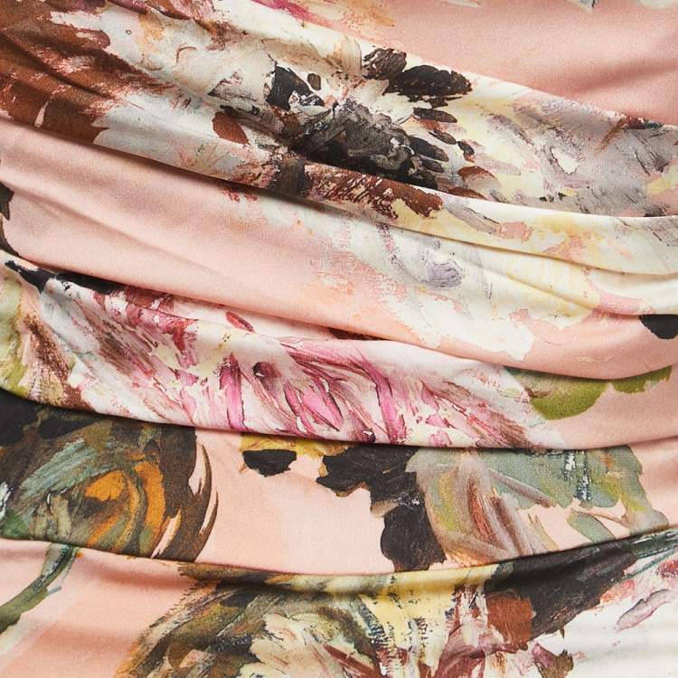 Pre Owned Dolce & Gabbana Pink Floral Printed Silk Ruched Maxi Dress S
