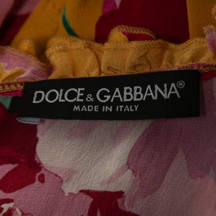 Pre Owned Dolce & Gabbana Yellow Floral Print Silk Sleeveless Gathered Mini Dress S