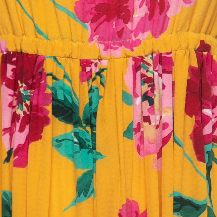 Pre Owned Dolce & Gabbana Yellow Floral Print Silk Sleeveless Gathered Mini Dress S