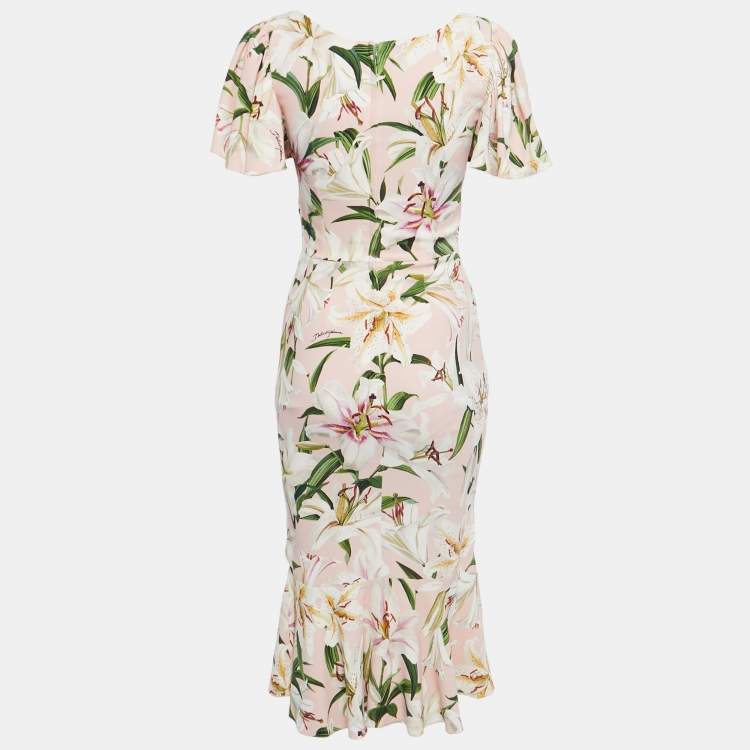 Pre Owned Dolce & Gabbana Pink Floral Printed Ruffled Midi Dress XS