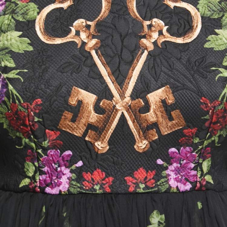 مملوكة مسبقًا Dolce & Gabbana Black Floral & Key Printed Silk Maxi Dress S