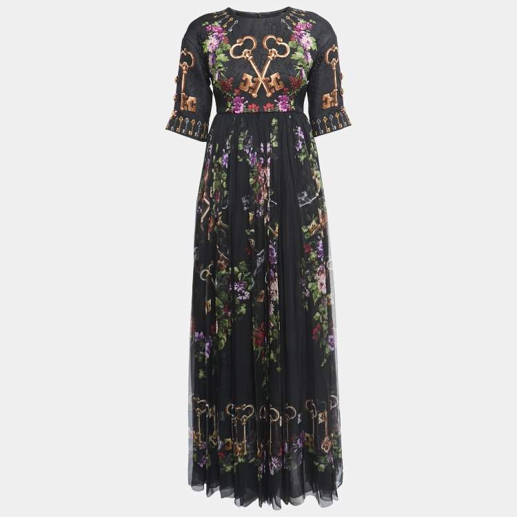 مملوكة مسبقًا Dolce & Gabbana Black Floral & Key Printed Silk Maxi Dress S