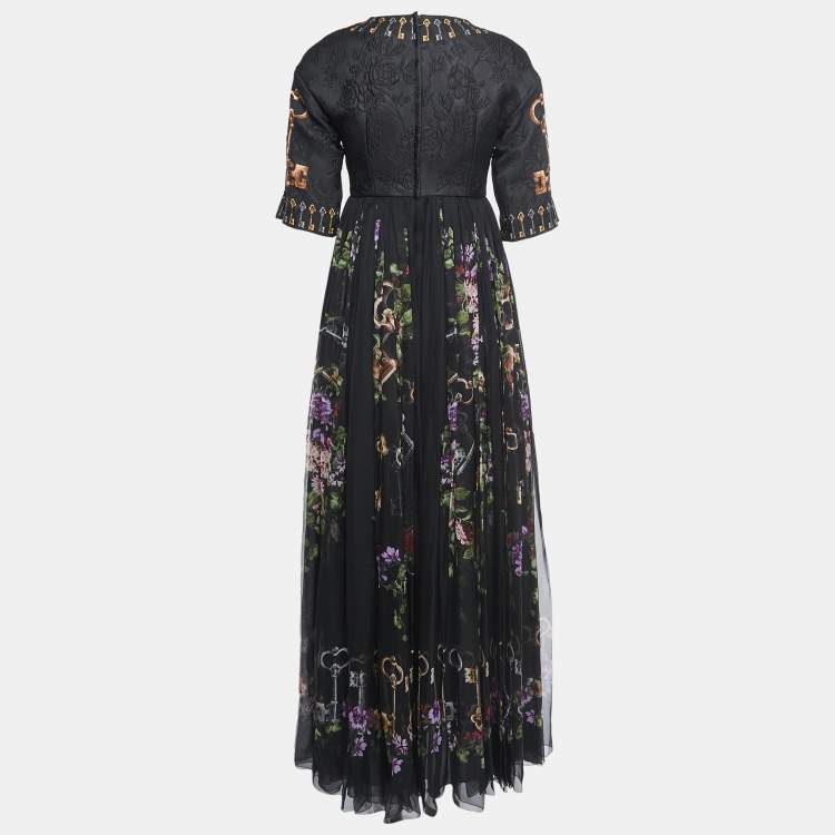 مملوكة مسبقًا Dolce & Gabbana Black Floral & Key Printed Silk Maxi Dress S